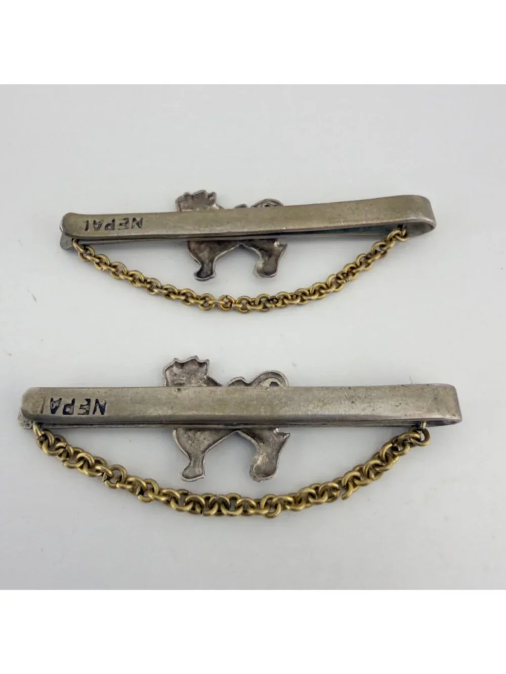 Vintage Nepal Guardian Lion Tie Bar Set of 2 Figural Silver Tone